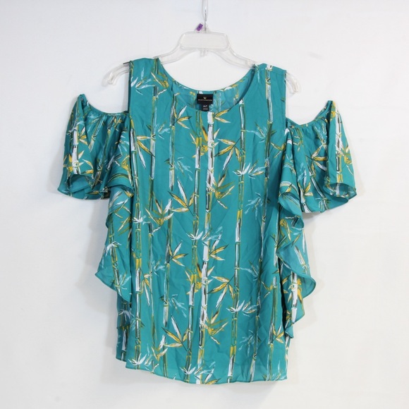 Worthington Turquoise Bamboo Cold Shoulder Georgette Blouse Size XLT - Picture 5 of 7